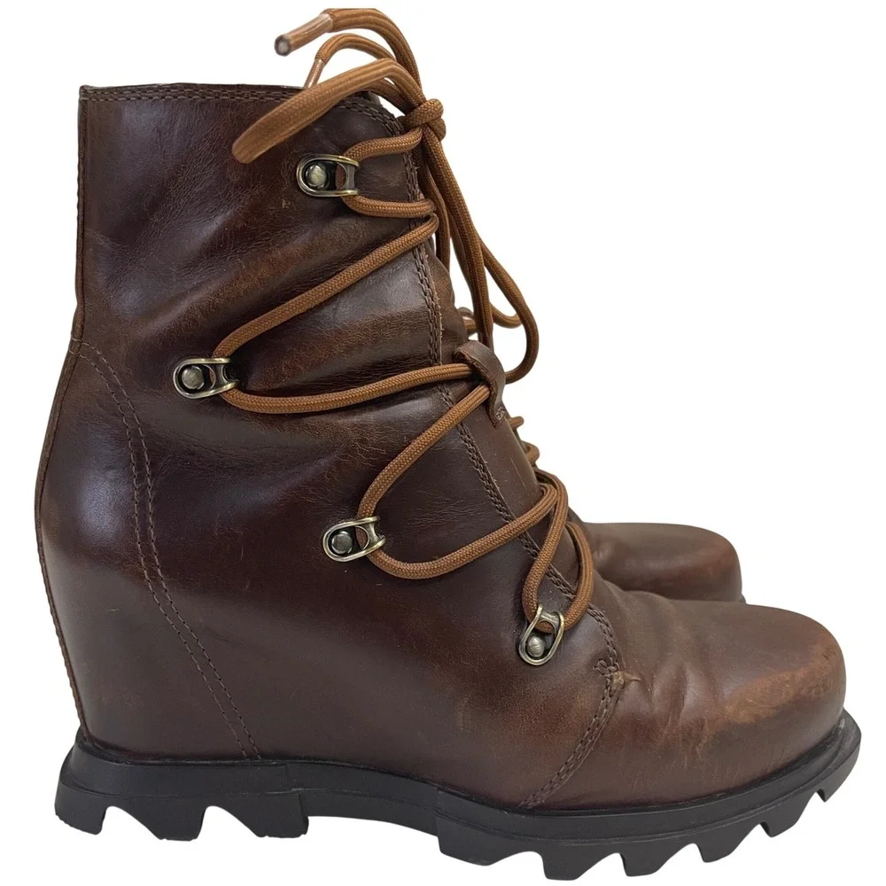 Sorel Joan of Arctic Wedge III Boots Womens 7 Brown Leather Lace Up NL4360-245